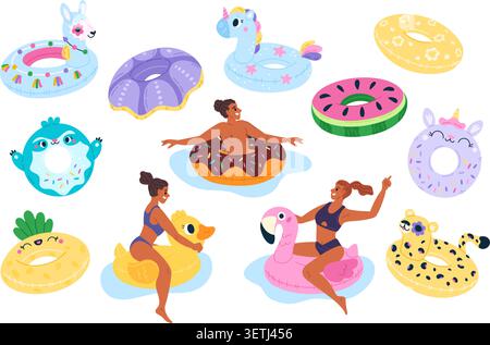 People on inflatable rings. Happy young man and woman swimming in sea on colorful inflated lifebuoys. Fun pool toys. Summer vacation. Beach party Stock Vector