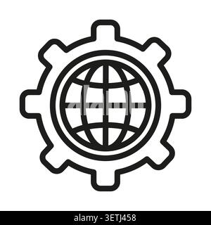 Globe gear setting wheel black vector icon features linear mechanics design. Global network configuration represents worldwide engineering technology. Stock Vector