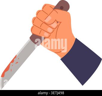 Mans hand with bloody knife. Scary murderer. Dangerous killer. Maniac arm with homicidal dagger. Blade with dripping blood. Criminal aggression Stock Vector