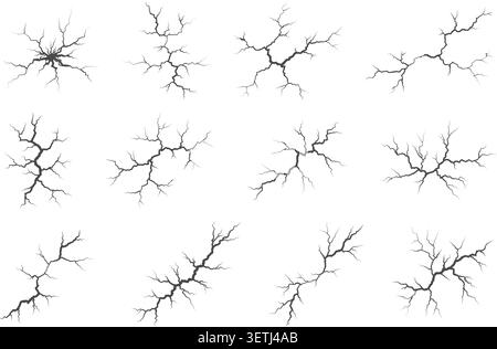 Vector crack textures set with earthquake damage effects. Broken glass, concrete walls and fractured ground surfaces for graphic design projects and Stock Vector
