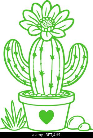 Flat illustration of a round cactus in a pot with blooming flower top small desert plants and decorative heart pot Stock Vector