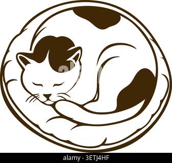 Line illustration of a curled sleeping cat resting inside a circular frame with calm cozy posture Stock Vector
