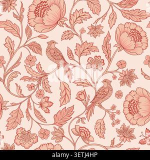Chintz Revival Botanical Blooming Flowers and Songbirds Vintage Vector Seamless Pattern in Pastel Pink Peach Timeless Decorative Floral Print for Stock Vector