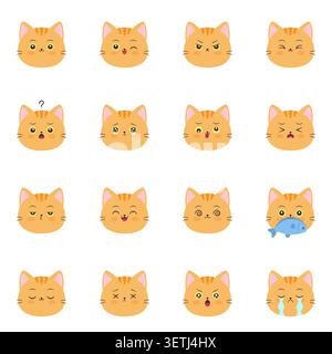 Cute Orange Cat Face Emoji Set with Playful and Angry Expressions Flat Vector Illustration Stock Vector
