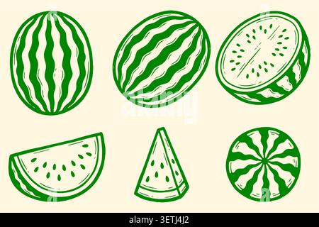 Watermelon Fruit Slice Vector Set Green Line Art Summer Doodle Stock Vector