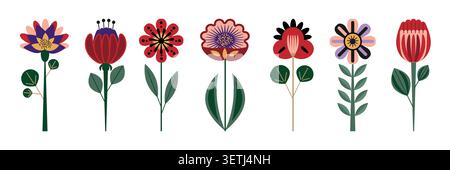 Collection of Colorful Floral Elements in Flat Color Style. Set of Spring and Summer Wild Flowers, Plants, Leaves, and Berries for Botanical Design, Nature Illustration, and Garden Decoration. Stock Vector Stock Vector