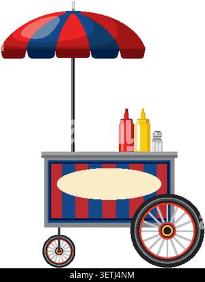 Vibrant vector illustration of a colorful hot dog cart with umbrella, condiments, and wheels. Stock Vector