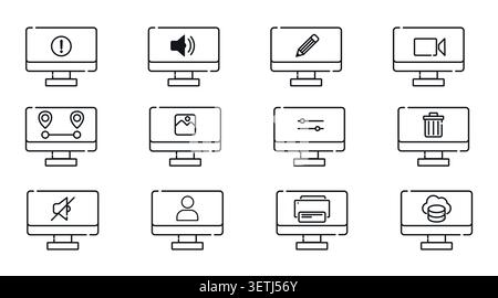 Mega set of 12 desktop computer icons: minimalist black line PC workstation vectors with web utility, multimedia, and tech administration symbols, out Stock Vector