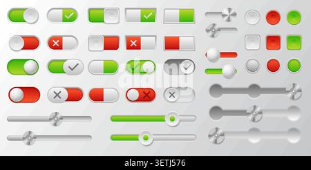 On off buttons. Interface design with realistic menu elements. Web sliders. Progress bar. Red and green indicators. Computer panel knobs. Dashboard 3D Stock Vector
