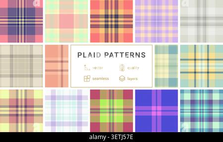 Plaid pattern set perfect for multipurpose design workflows. Vector tartan patterns enhance style, cohesion, and visual appeal. Stock Vector