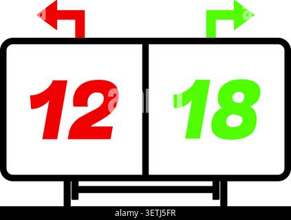 Flat illustration of a sports scoreboard showing red and green numbers with directional arrows above Stock Vector