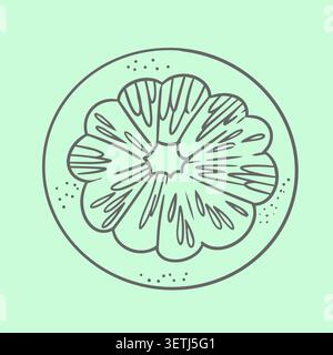 Orange slice cross section top view winter holiday citrus fruit line art vector illustration. Healthy organic food design element for greeting card Stock Vector