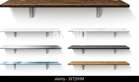 Empty shelves made of various materials. Plastic or wood shelf. Glass and marble stone surface. 3D furniture with shadows. Realistic interior featurin Stock Vector