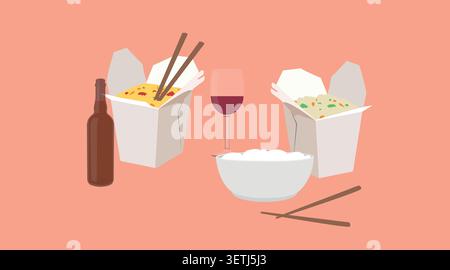 Chinese food take away vector illustration: realistic asian noodle boxes with chopsticks, white rice bowl, wine glass, and beer bottle for restaurant Stock Vector