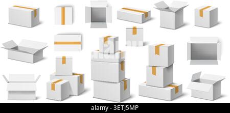 White cardboard boxes. Empty realistic packaging. Open and closed containers. Individual and grouped objects. Transportation packages stack top or Stock Vector