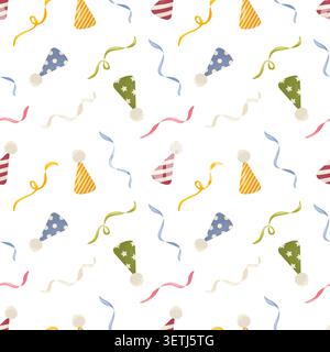 Seamless pattern with party hats and ribbons. Vector illustration in soft flat style. Festive background for birthday decor, kids textile, wrapping Stock Vector