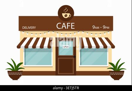 Cafe building or coffee shop storefront illustration with plants in pots. Isolated on white background. Vector design. Stock Vector