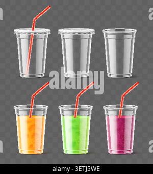 Plastic cup. Realistic transparent container for takeout drinks in various states. Empty and full cocktail glass. 3D mugs for juice. Fruit smoothie Stock Vector