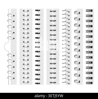 Notebook spiral bindings with realistic metal rings, wire coils and punched paper margins, vertical planner and journal spine loops for stationery, ca Stock Vector