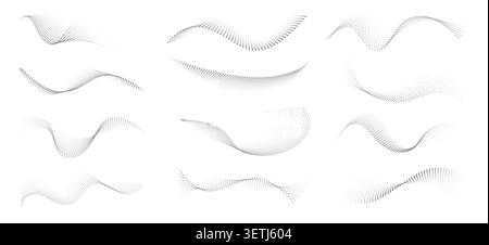 Dotted halftone wave vectors with abstract flowing particle curves, monochrome wavy dot ribbons for futuristic motion backgrounds, sound waveform and Stock Vector