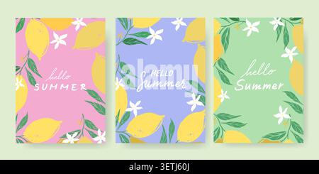 Summer greeting card set with lemons and tropical leaves Stock Vector