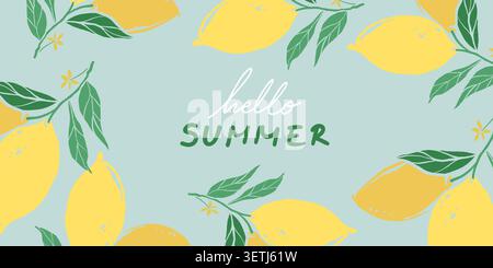 Hand-drawn lemons and green leaves on pale blue background Stock Vector