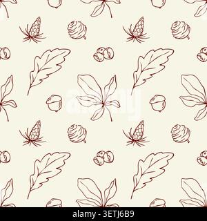 Autumn forest elements seamless pattern vector doodle background Stock Vector