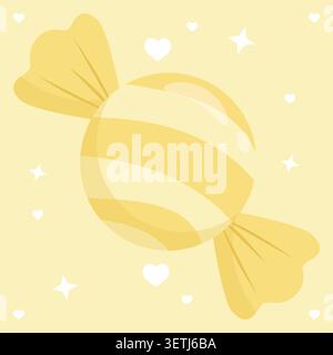 Cute yellow pastel wrapped candy with hearts and stars on a soft yellow background. Cheerful sweet vector illustration ideal for greeting cards, festi Stock Vector