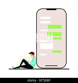 Flat vector illustration of a person sitting beside a large smartphone displaying a chat interface, representing mobile messaging, online communicatio Stock Vector