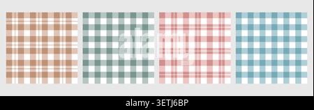 Checkered vichy print, picnic tablecloth plaid, gingham seamless pattern vector set. Traditional square gingham backgrounds. Napkin textile, grid blanket, check kitchen tartan texture in pastel colors Stock Vector