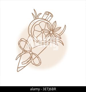 Christmas winter spice bouquet with abstract watercolor splash orange slice cinnamon stick star anise line art vector illustration. Cozy holiday Stock Vector