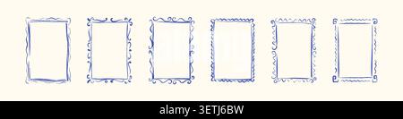 Hand drawn doodle crayon blue coastal summer frame set. Ancient greek key decoration. Mediterranean summer chalk sketch rectangle doodle boarders. Vin Stock Vector