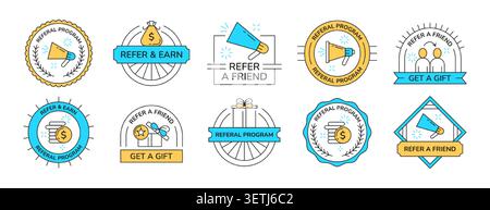 Refer a friend set of outline labels with megaphone, gift boxes, coins. Employee referral program stickers with loudspeaker, money icons. Marketing design badges for business, promotional advertising Stock Vector