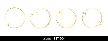Gold frame star line set. Gold ring glitter border with celestial magic light sparkle glow. Modern jewelry ornament fantasy christmas starburst ray decoration. Vector illustration Stock Vector