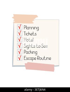 Sticky note paper with cute washi tape for travel checklist, boxes to mark actions for travelling plan, tickets, hotel, sights, packing, escaping dull daily routine, simple hand drawn illustration Stock Vector