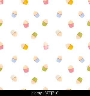 Seamless pattern with small colorful cupcakes in scattered layout. Vector illustration in soft flat minimal style. Sweet dessert background for Stock Vector