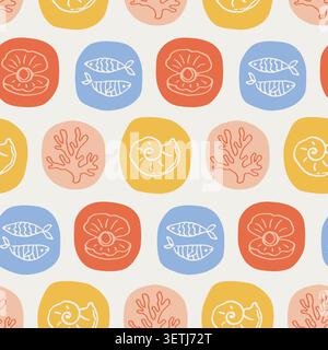 Coastal summer ocean icons vector seamless pattern Stock Vector