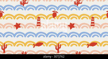 Coastal vector seamless pattern with ocean waves Stock Vector