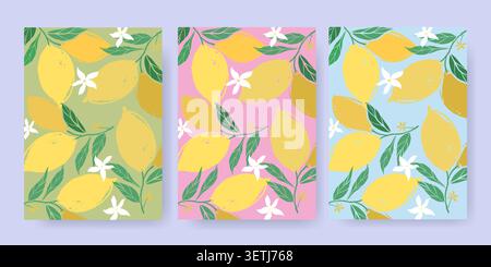 Set of three colorful lemon patterns with leaves and flowers on pastel backgrounds Stock Vector