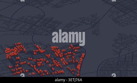 Dark isometric map background with 3D red building blocks highlighting specific city district for urban planning or density visualization. Vector Stock Vector