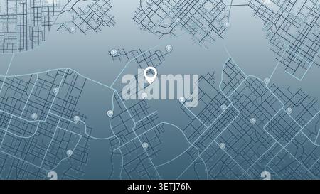 Top down city map showing electric vehicle charging station network with central location marker for navigation apps. Vector illustration. Stock Vector
