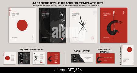 Japanese vector branding set with brochure covers and social posts Stock Vector