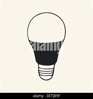 Vector hand drawn modern LED light bulb with a sleek base. Minimalist black and white doodle of an energy efficient lamp for interior lighting and Stock Vector