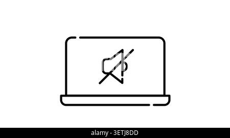 Laptop mute icon: portable notebook computer displaying speaker sound off symbol on screen, minimalist black line art vector illustration for audio co Stock Vector