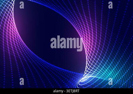 Futuristic technology background featuring a dynamic vortex of glowing particles forming a flowing funnel structure in blue, purple, and cyan colors. Stock Vector