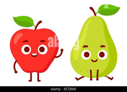 Apple and pear, funny cartoon characters drawing. Comparing different fruit. Vector clipart illustration. Stock Vector