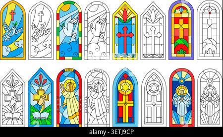 Outline drawings of stained glass windows. Arched windowsill. Biblical scenes color mosaic depictions. Christian frames. Christianity angel. Vector Stock Vector