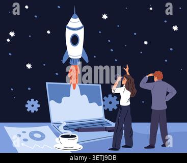 Man and woman watch launch of new successful business. Startup success. New project start. Career professional achievement. Businessmen development Stock Vector