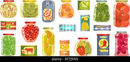 Glass jars of pickled vegetables. Fruit compotes. Homemade jams and marinades. Preserves for winter. Domestic conserves made from harvest. Beef tins Stock Vector