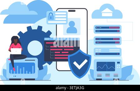 Cloud database security concept with servers, mobile login, shield protection, coding window and analytics dashboard, isolated on white background vector illustration Stock Vector
